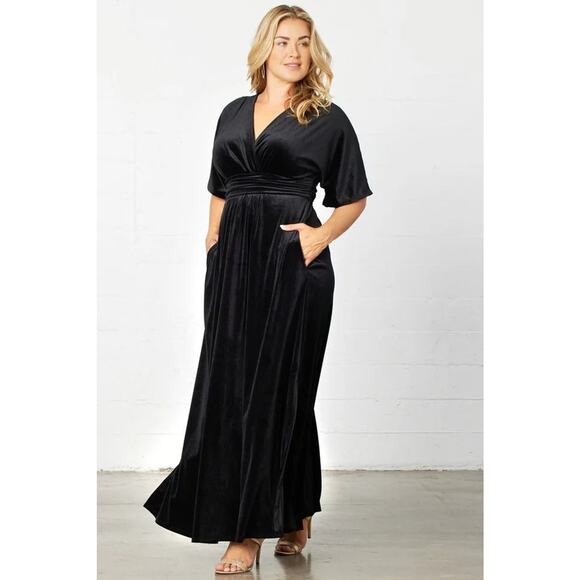 Kiyonna Black Maxi Dress 5X Verona Velvet Pockets Flutter Sleeves Slits Slimming - Picture 1 of 9